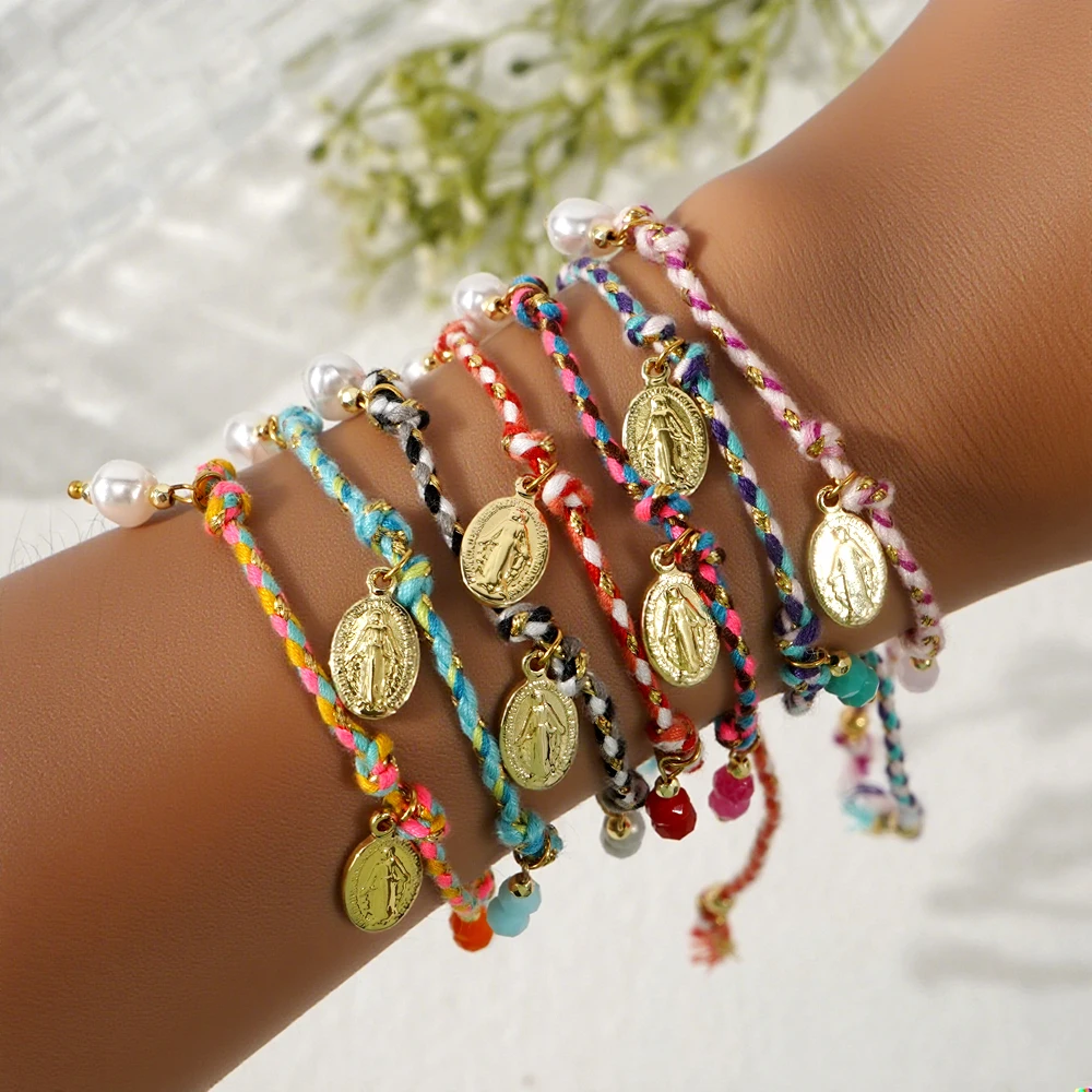 1 PC New Boho Multicolor Braided Rope Bracelet with Virgin Mary Pearl Charm Adjustable Handmade Women’s Jewelry Gifts
