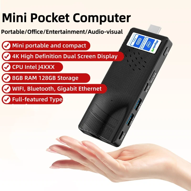 Fanless MINI PC Stick 8G 128G USB-C+HDMI Gigabit Ethernet Type-C 2.7GHZ 4T 4K TV Stick PC Mini Computers Win10/11