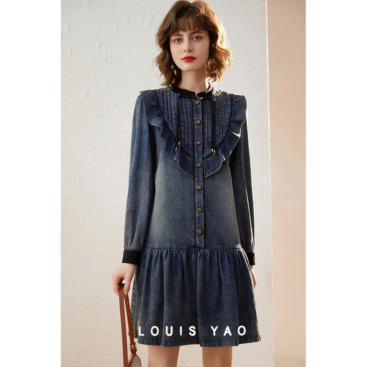 

Pleated Lace Edge Ruffled Women Denim 2025 Autumn Dresses Winter Color Block Stand-Up Collar Buttoned Dress Female Clothing