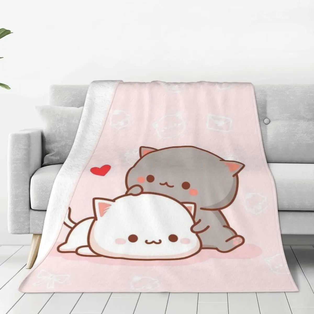 Cute Pink Peach And Goma Blankets Cartoon Mocha Mochi Peach Cat Wool Funny Warm Throw Blankets for Bed Sofa Winter