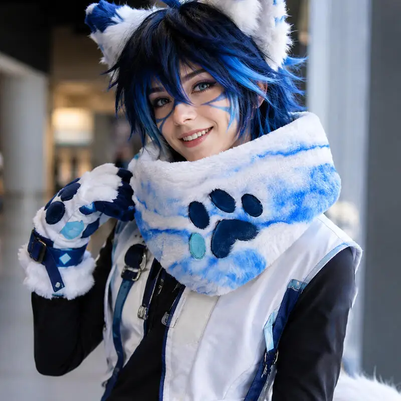 Soft Plush Fursuit Triangle Scarf with Paw Print Synthetic Fur Kemono Style Cosplay Neckwear for Furry Costumes Winter Warm Wear
