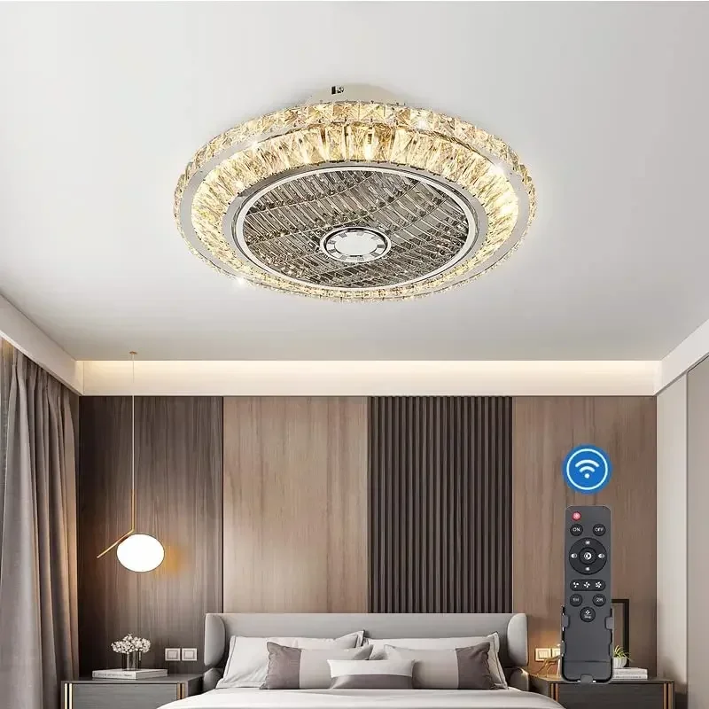 Modern Crystal Ceiling Fan with Light Luxury Invisible Fandelier Fan Remote Control Mute Fan Lights 3 Speed 3 Color for Bedroom