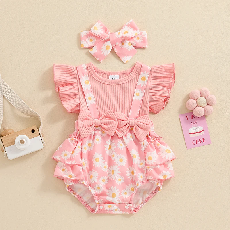 

Summer Newborn Infant Baby Girls Romper + Headband Daisy Print Flying Sleeve Jumpsuits Kids Onepiece Fashion Baby Clothing