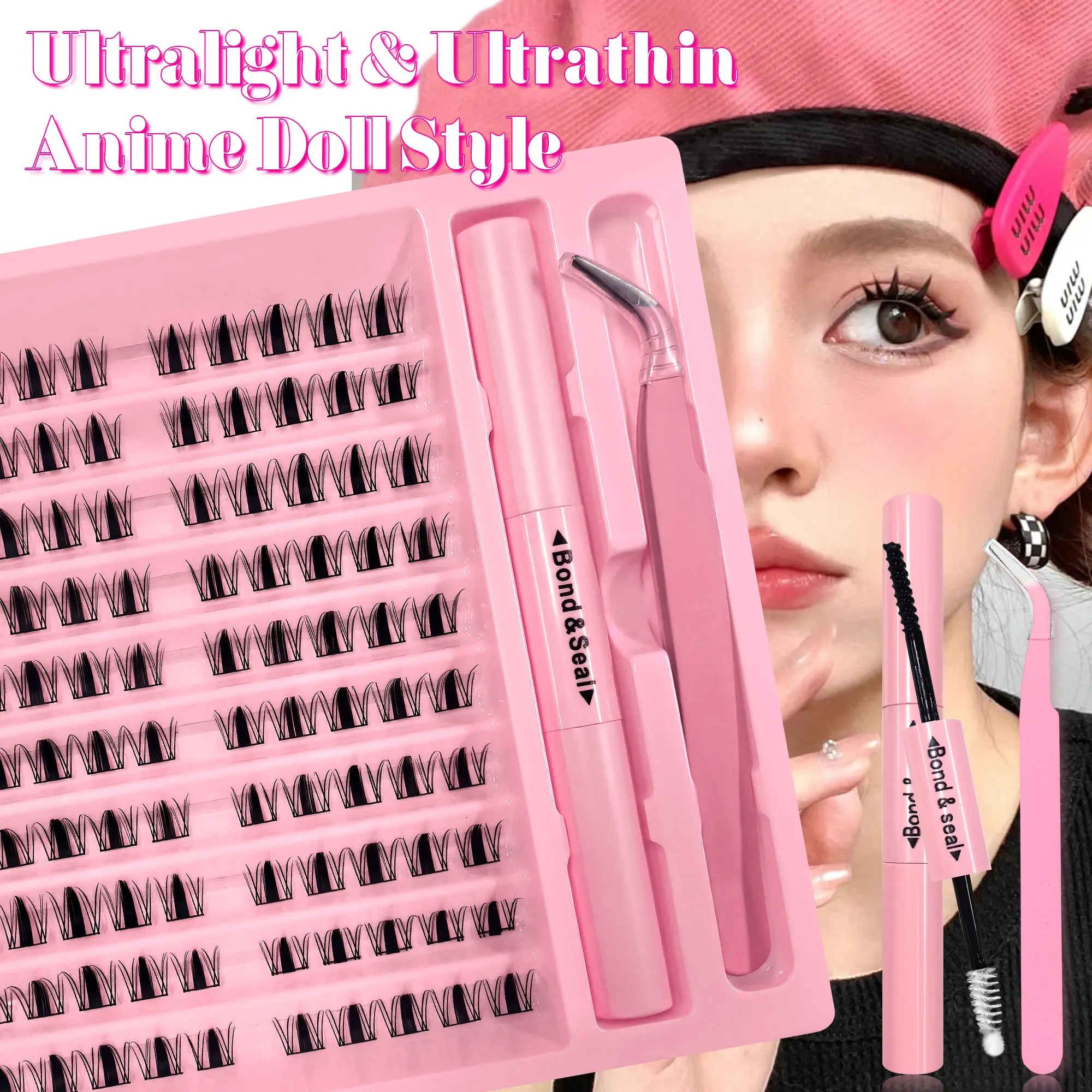 100-faches Comic-Set für falsche Wimpern, puppenartige, märchenhafte 3D-Wimpern, inklusive Kleber und Pinzette.