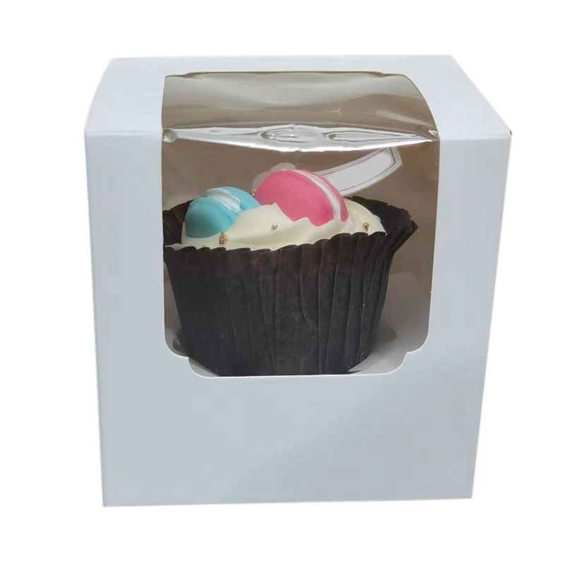 100Pcs White Cupcake Box Individual With Insert, Small Single Favor Pastry Treat Boxes With Clear Window