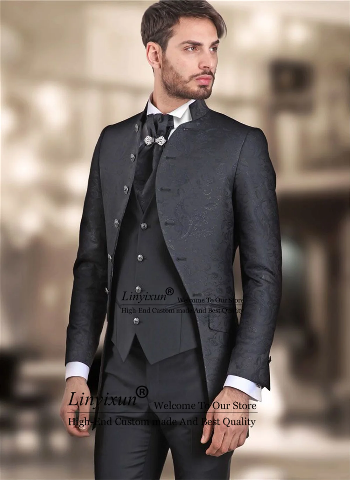 Vintage Black Jacquard Pattern Slim Fit Men Suits 3 Pieces Set Groom Wedding Tuxedos Business Male Prom Blazer Terno Masculino