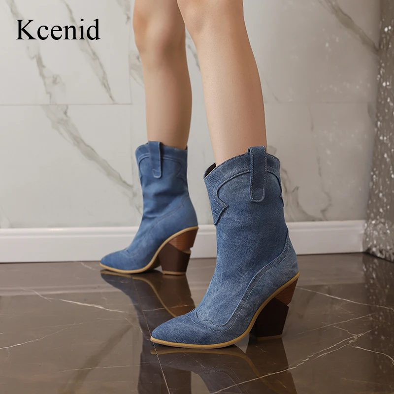 

Kcenid Plus Size 48 New Ladies Pointed Toe Cowboy Boots Fashion Denim Chunky High Heels women's Boots Party Sexy Woman Shoes