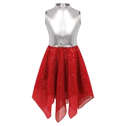 Kids Girls Etiquette Praise Lyrical Dance Dress Liturgical Praise Worship Costume Shiny Sequins Gymnastics Ballet Dance Dress