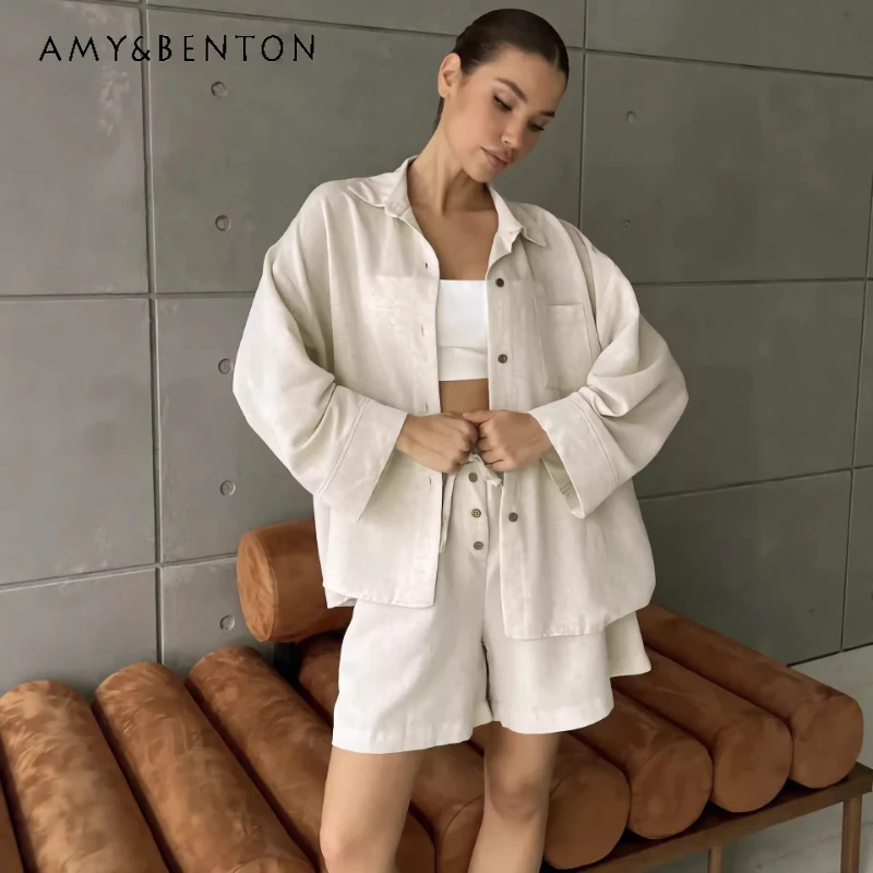 

American Retro Fashion Solid Color Casual Women's Cardigan 2026 Spring Summer European American Linen High-end Shorts Set Ladies