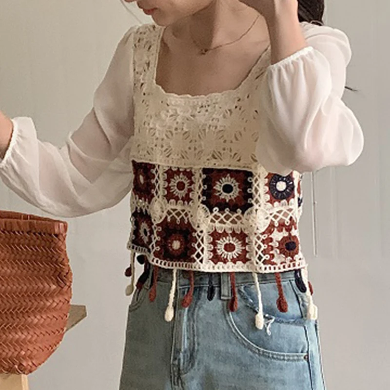 Granny Square Crochet Top Women Square Neck Long Sleeve Open-Knit Embroidery Floral Blouse Summer Fairycore Cottagecore Outfit