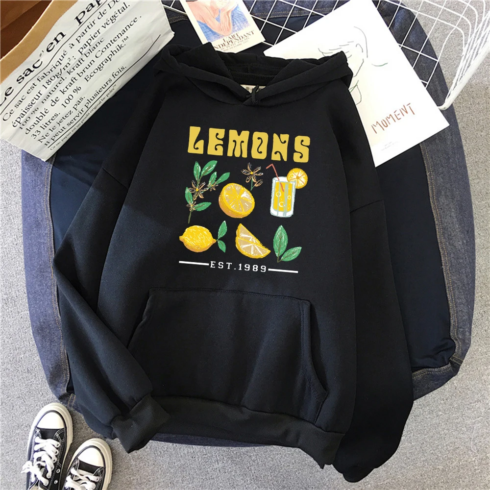 The Production Of Lemon Juice Print Hoodies Women Fashion Fleece Pullover Creative Vintage Hoody Pocket Oversize Streetwear