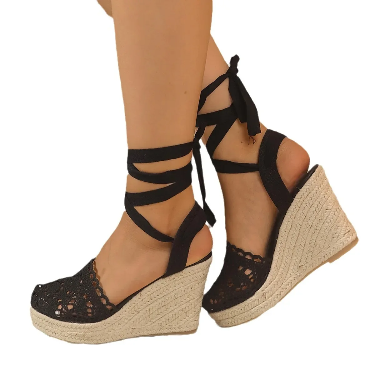 Grass Woven Slope Heel High Heel Lace Sandals Ankle Strap 2024 New Simple and Fashionable Linen Woven Cross Strap