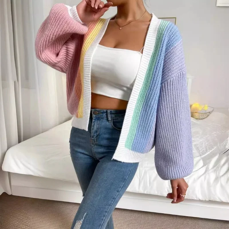 Splicing Color Blocking Design Sweater Women Autumn Winter Elegant Long Sleeved Sweaters Female Comfortable Casual Knitted Coat