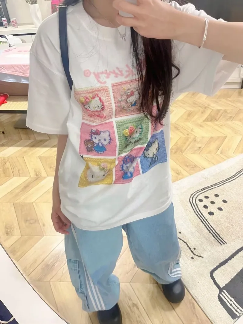 

Korean Version Oversized Dopamine Hello Kitty Short Sleeved Tshirt Preppy Style Summer New 100% Cotton Y2k Top Kawaii Clothing