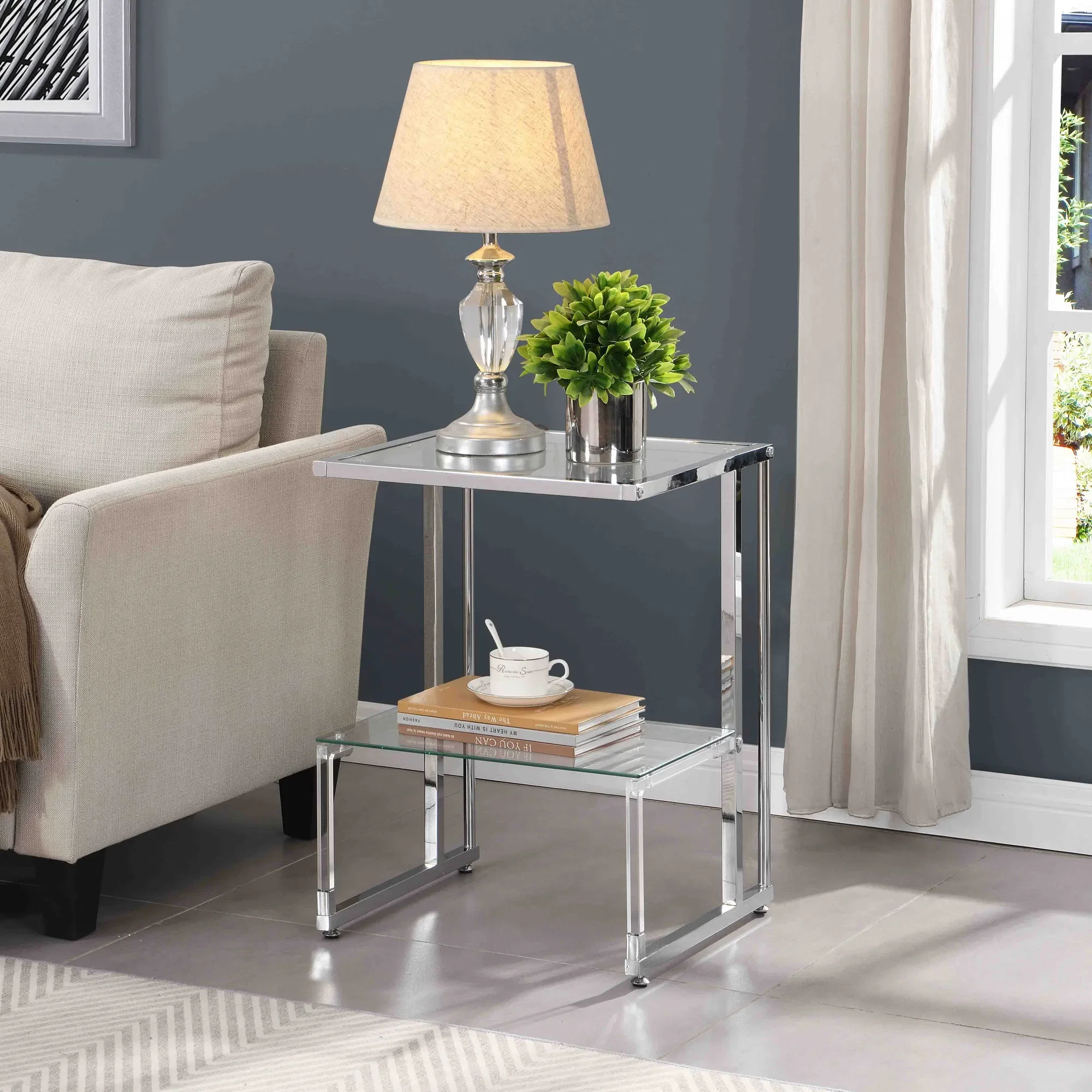 Silver Chrome Side Table 2-Tier Acrylic Glass End Table for Living Room Bedroom