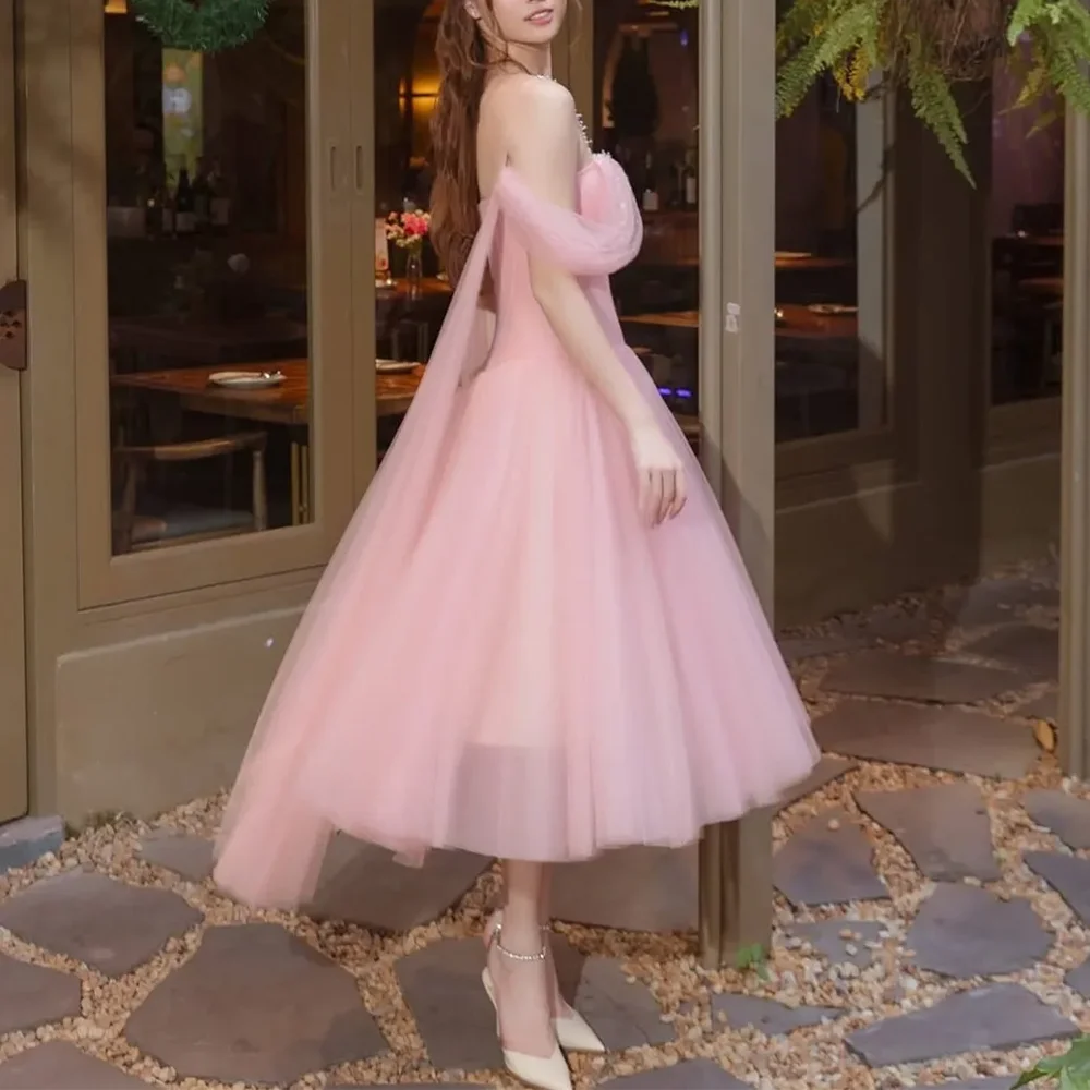 สีชมพูTulle Off-Shoulderชุดราตรีหรูหราอย่างเป็นทางการParty Prom Gownsข้อเท้า-ความยาวA-Lineชุดราตรีชุดราตรีที่กําหนดเอง 2025