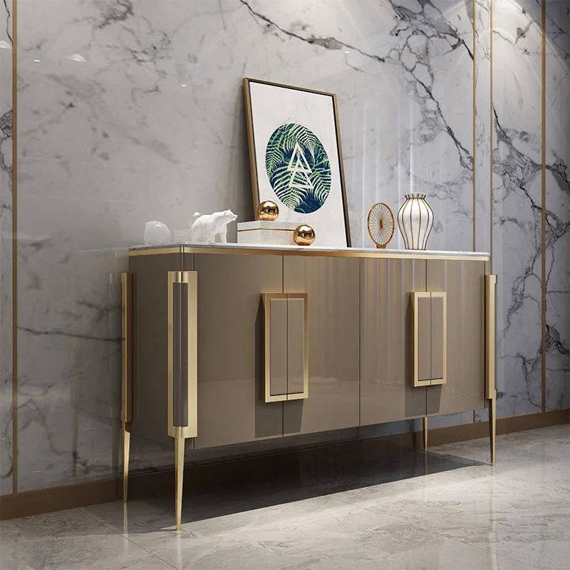 Mesa de centro nórdica, aparador, buffet, mueble para TV, gabinete para TV, para sala de estar, en acero inoxidable dorado.