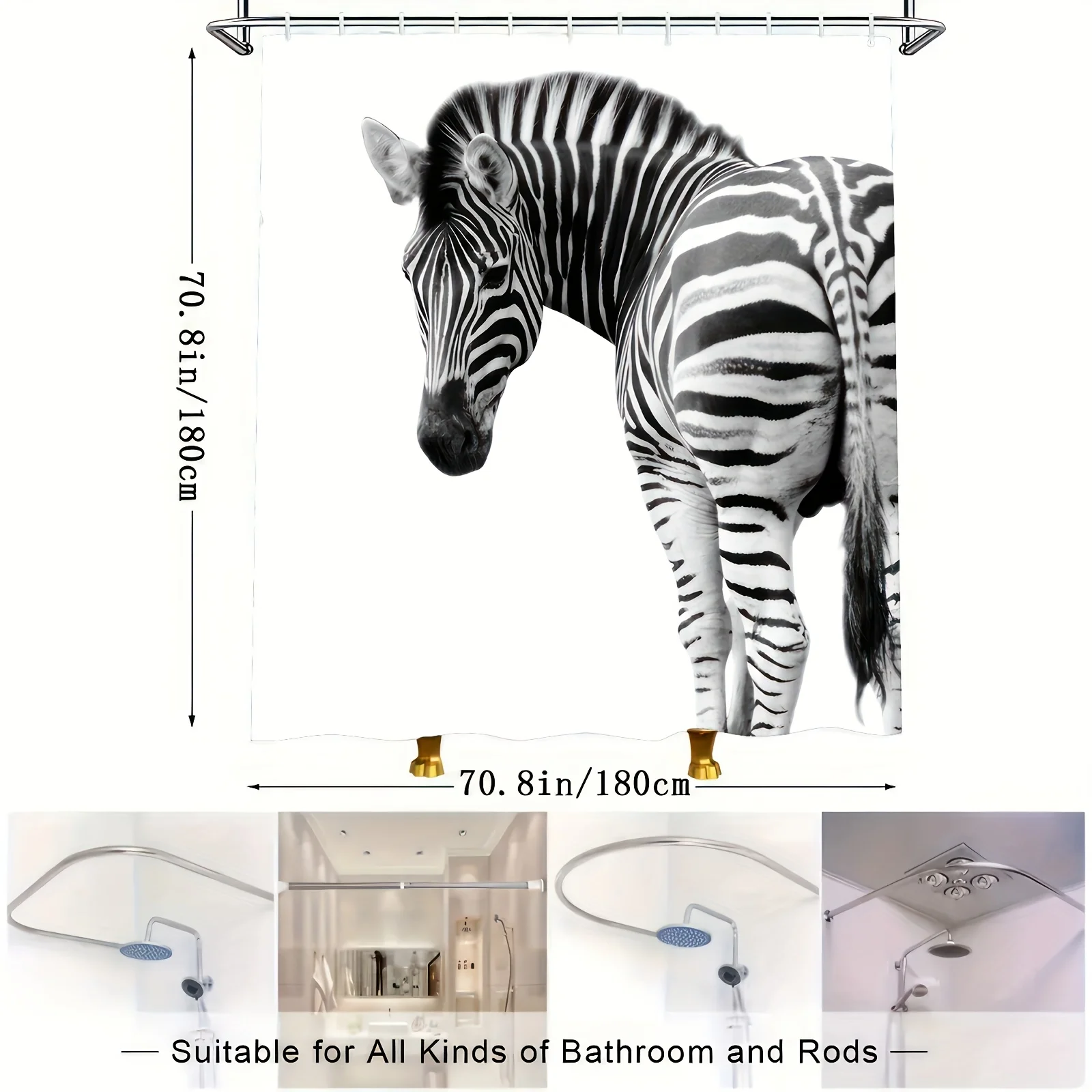 

1pc Spring/Summer Zebra Pattern Digital Print Shower Curtain, Bathroom Home Decor with Free Hooks, Machine Washable, Four Season