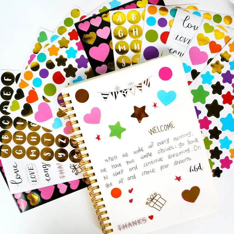 6sheets/pack Gold Alphabet Stickers Colorful Heart Star Scrapbooking Stickers for DIY Planner Notebook Journal Decor Stationery