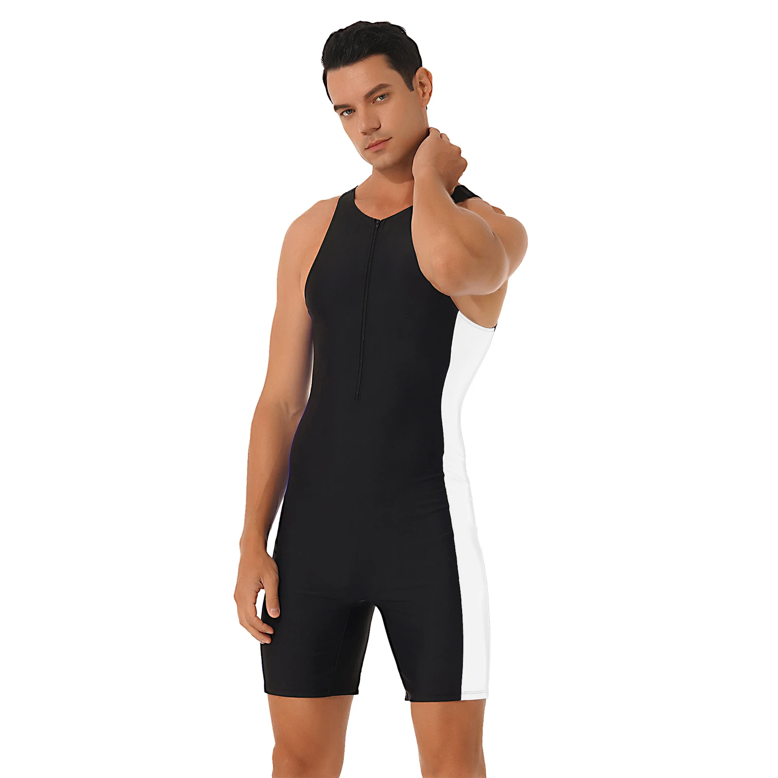 Mens Swimwear One-piece Wetsuit Swimming Bathing Suit Round Neck Sleeveless Side Shorts Bodysuit Triathlon Front Zipper Swimsuit