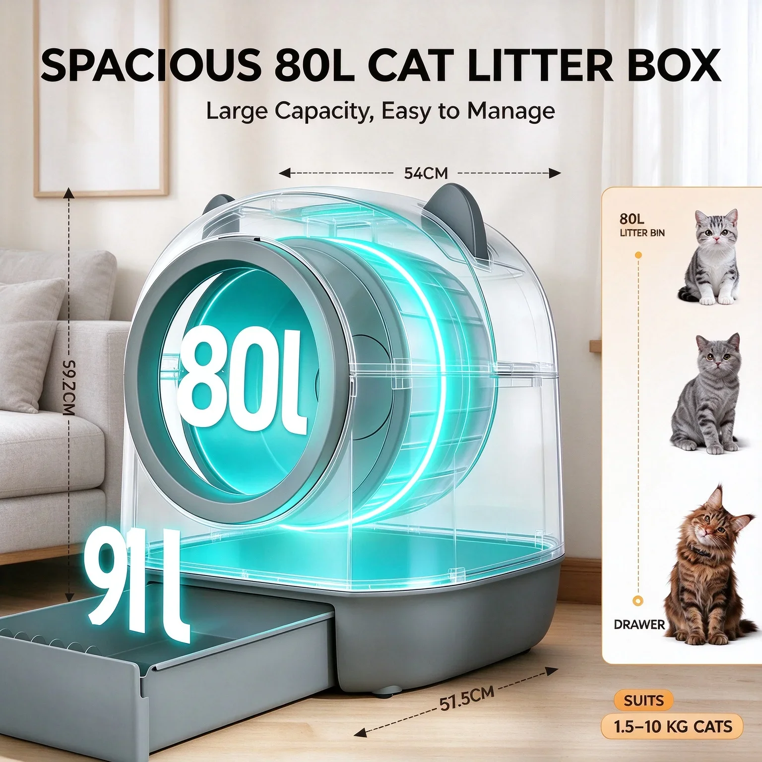 Caja de arena automática inteligente para gatos, con autolimpieza, 80L, gran espacio, inodoro para gatos, control remoto mediante la aplicación Tuya Smart Life, inodoro WiFi de 2.4GHz, arena para