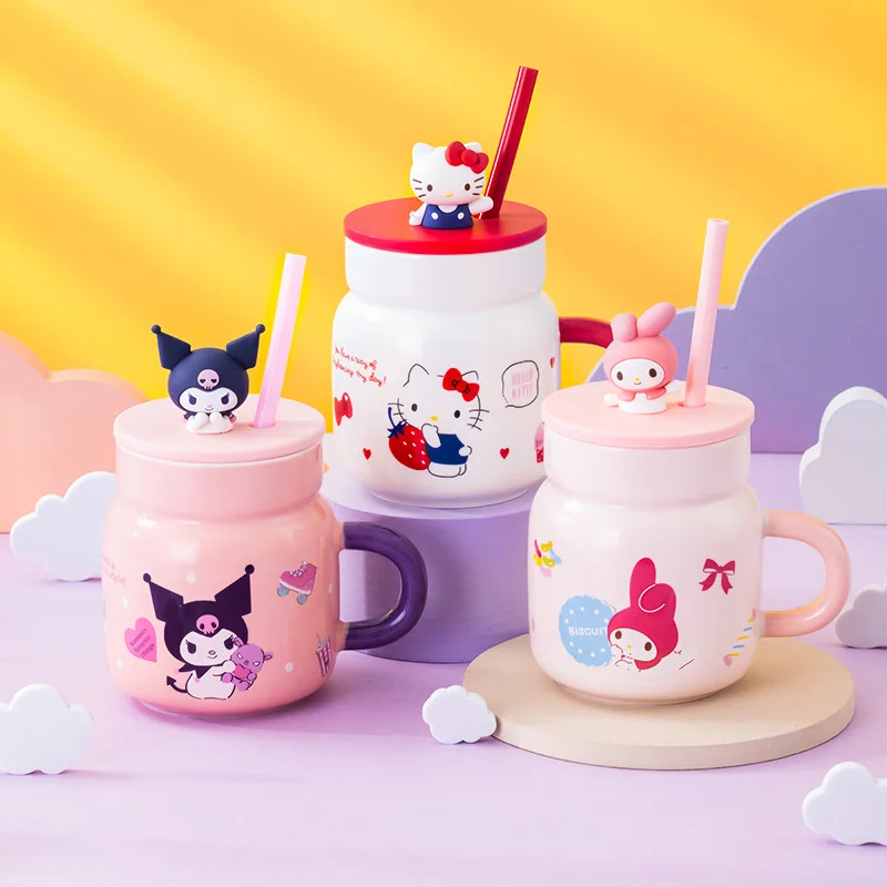 Taza de cerámica de hello kitty sanrio, vaso de paja de silicona con tapa, my melody, canela, perro, taza de agua, lindo Hogar, niña, regalo de cumpleaños, anime