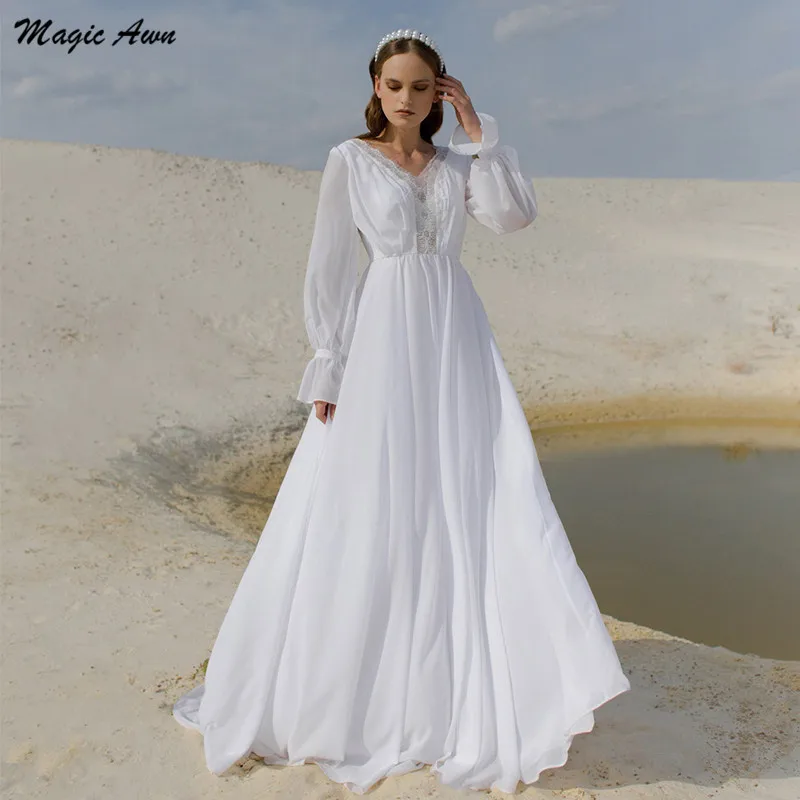 Magic Awn-Vestidos de novia de gasa para playa, ropa blanca de manga larga con Apliques de encaje, espalda abierta, estilo bohemio, ilusión Simple