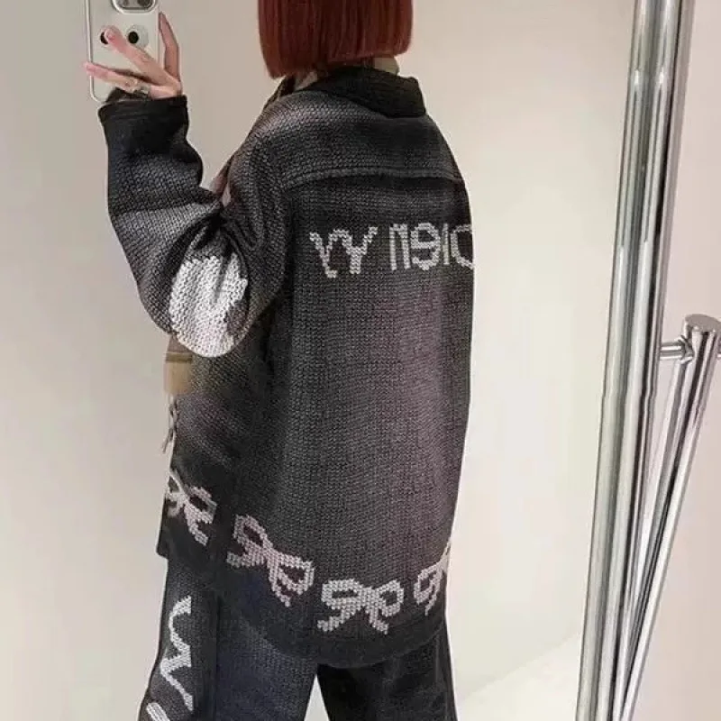 OPEN YY Casual Pants 2025 Fashion Cat Cat Dog Bowknot Pattern Button Lapel Set Loose Casual Cardigan Jacket