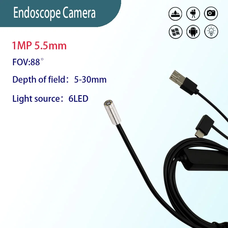 

1MP 5.5mm 88° close focus industrial endoscope camara Mechanical maintenance 1.5m USB Type-C Android Soft wire endoscope camara