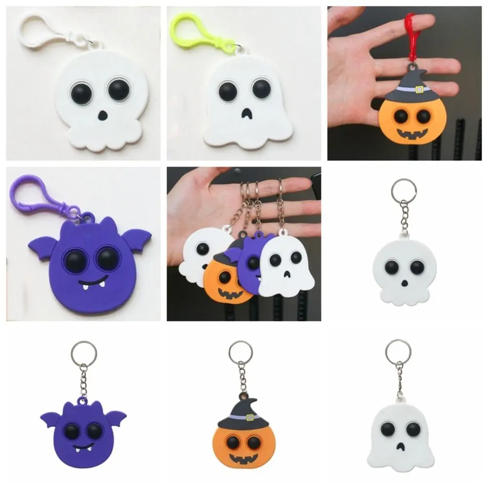 4Pack Kawaii Pop Halloween Pumpkin Skeleton Mini Keychain Sensory Fidget Toys Simple Dimple Key Ring Easter Party Favors Gifts