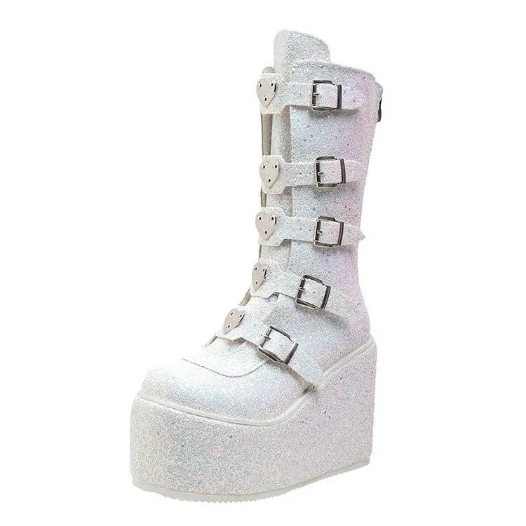 

Dropshipping Vintage Punk Rhinestone Sequin Rivet Motorcycle Boot New High Rise Thick Bottom Belt Buckle Zipper Mid Boot 35&43