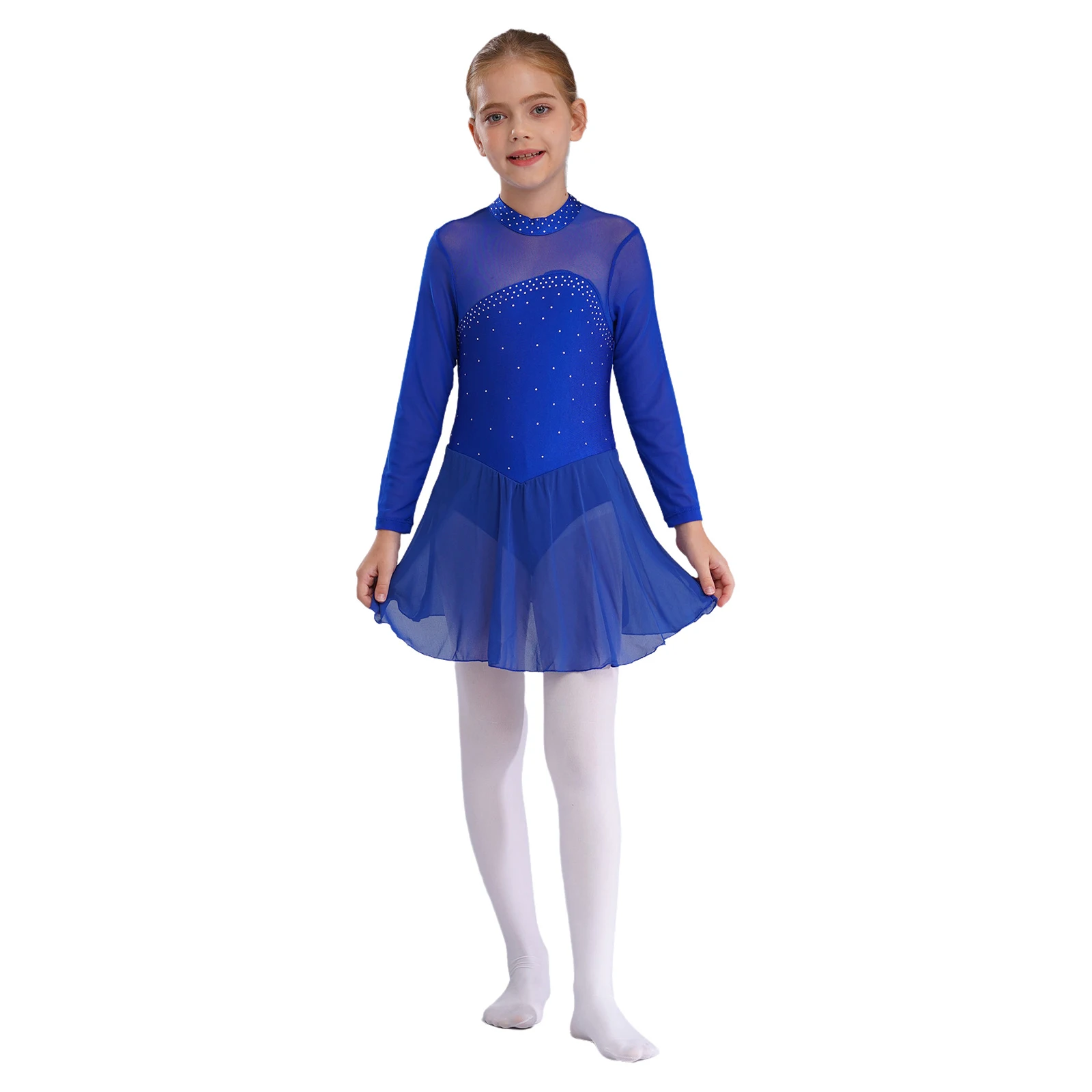 เด็กหญิง Rhinestones เงายิมนาสติกบัลเล่ต์ Jersey Leotards สเก็ตเครื่องแต่งกาย Sheer ตาข่าย Lyrical Dance Leotard ชุด