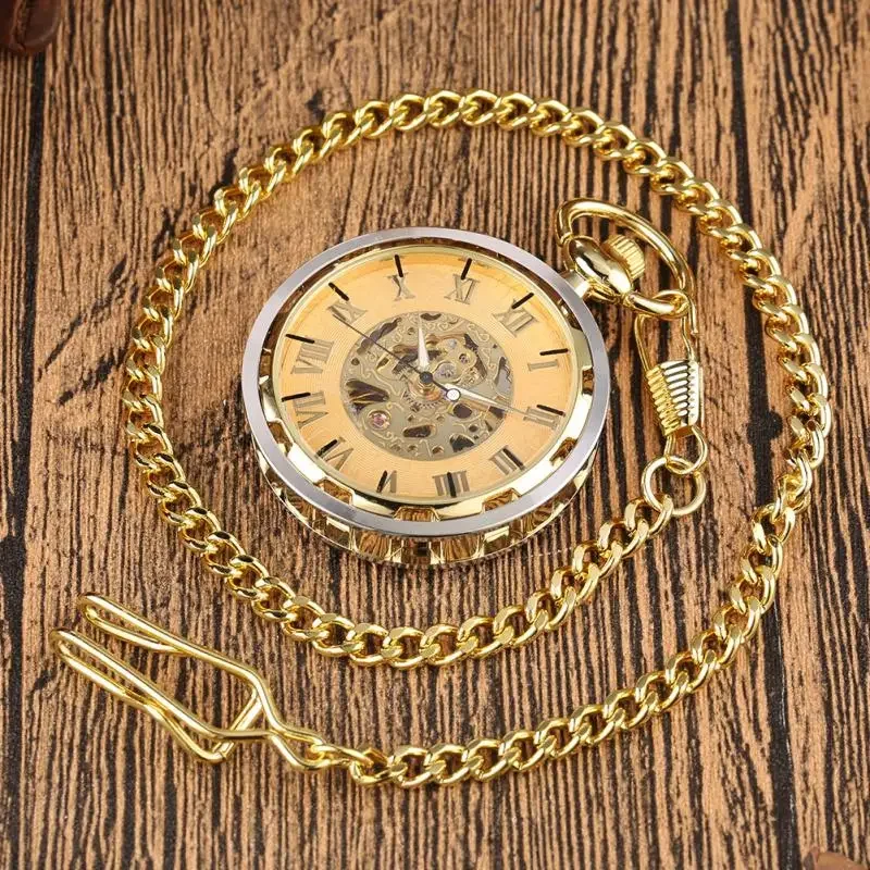 Luxury Yellow Gold Pocket Watch Open Face Design Handwinding Mechanical Watches with Pendant FOB Chain Timepiece
