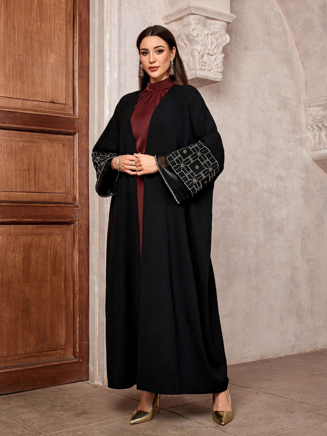 2025 New Muslim Ramadan Eid Bangladesh Solid Ethnic Embroidery Batwing Sleeve Open Kimono Abaya Kuwaiti Moroccan Women Robe