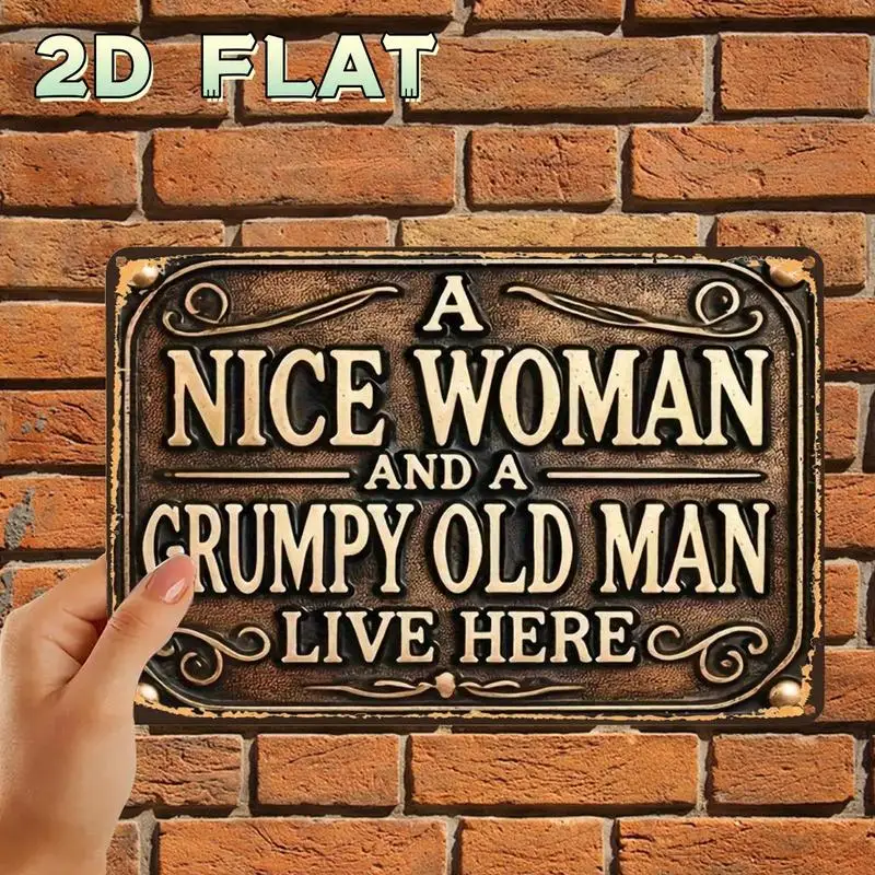2D Flat, 1pc, Retro Vintage Nice Woman And Grumpy Old Man Metal Tin Sign, with Pre-Drilled Holes, Ideal for Indoor, Garden, Outd