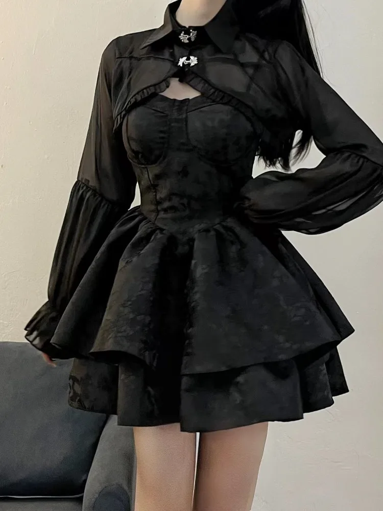 Vintage Fashion Sweet Long Sleeve Lace Black Cardigans+ Y2k E-Girl Sexy Slim Waist Strap Dresses 2024 Summer Two Piece Sets