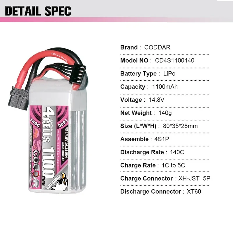 CODDAR RC Drone 2S 3S 4S 5S 6S Lipo Battery 7.4V 11.1V 14.8V 18.5V 22.2V 1000mah 1100mah 1250mah Quadcopter Battery With XT60