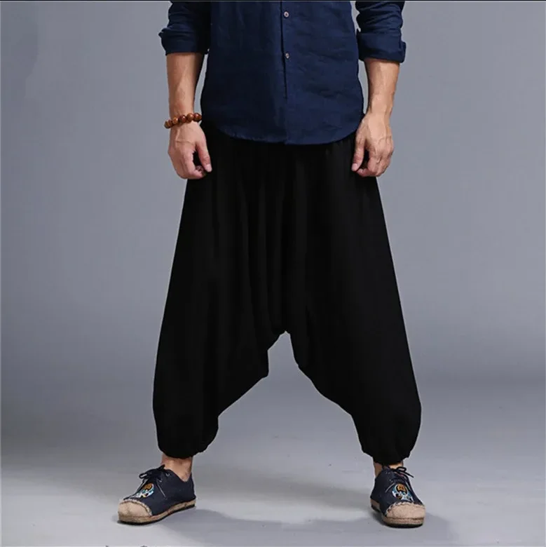 

Мужские летние уличные брюки больших размеров, хлопковые брюки для бега с заниженной промежностью, широкие брюки, мужские свободные брюки большого размера M-5XL