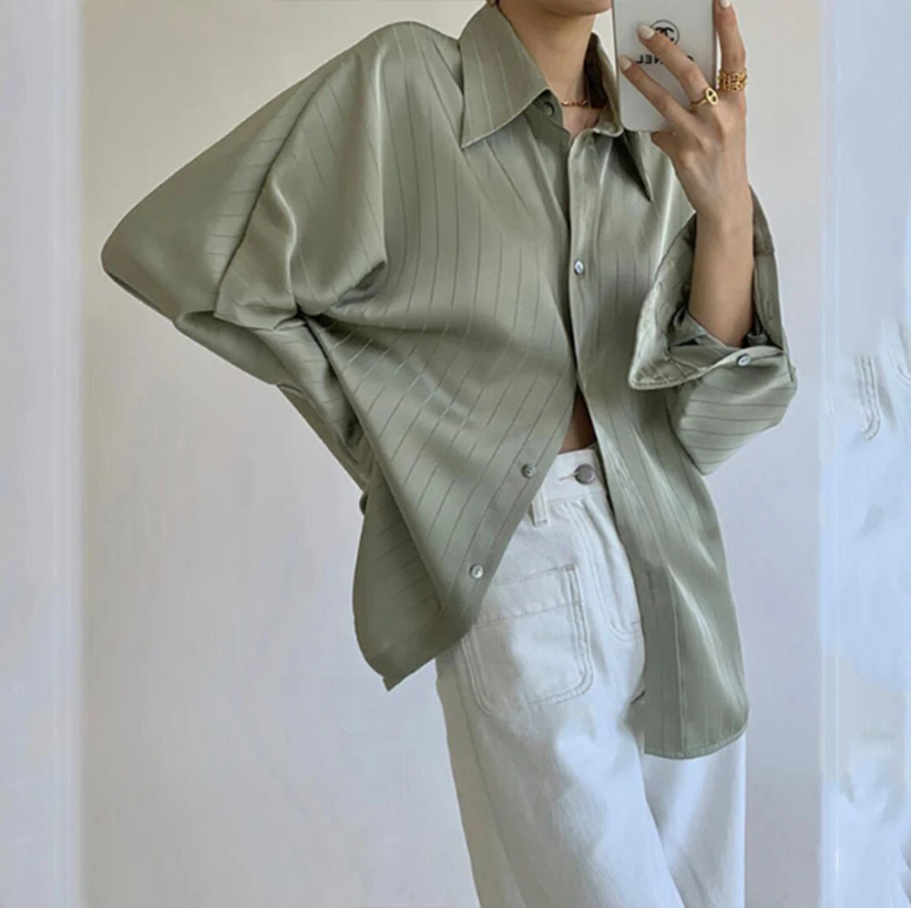 

Women High Quality Satin Shirt Spring Autumn Solid Casual Strips Lapel Lazy Style Office Lady Top Smooth Elegant Loose Shirt