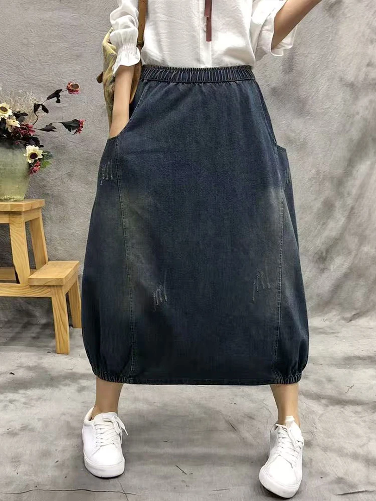 Amax luluE Design Autumn Women Fashion Loose Elastic Ripped Denim Skirts Ladies Vintage Casual Streetwear Classic A-Line Clothes