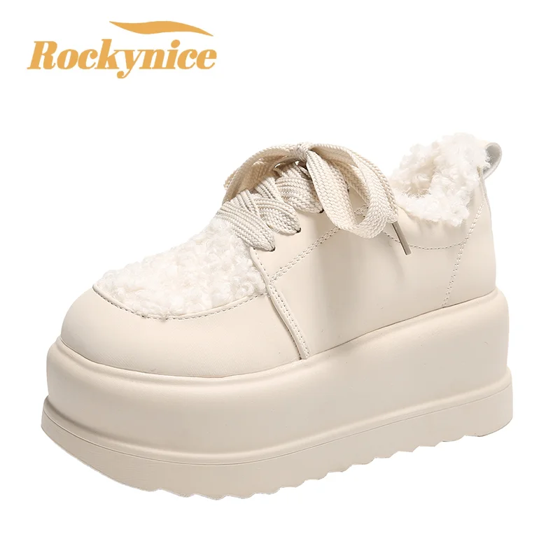 New Winter Warm Casual Leather Shoes 7.5CM Heels Women High Platform Fur Sneakers Thick Sole Plush Sport Dad Shoes Zapatos Mujer