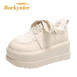 New Winter Warm Casual Leather Shoes 7.5CM Heels Women High Platform Fur Sneakers Thick Sole Plush Sport Dad Shoes Zapatos Mujer