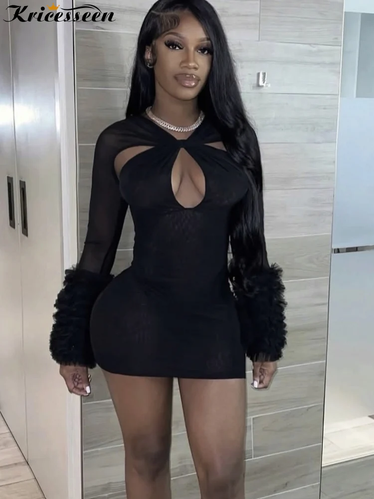 Kricessseen Women's Black Mesh Cutout Bodycon Dress, Long Sleeve Fluffy Cuff Deep V Sheer Club Night Out Mini Dress