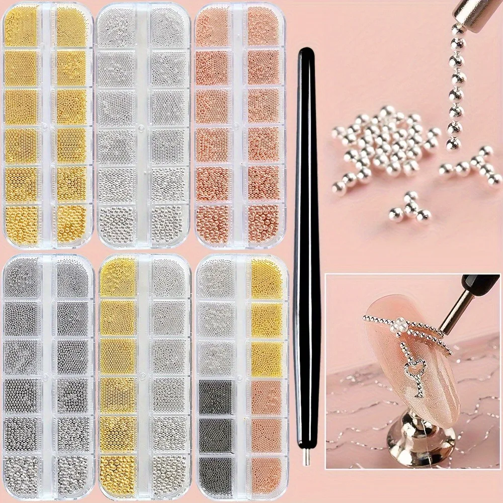 2Pcs/lot Nail Art Decoration Mini Caviar Beads Nail Art Decorations Metal Gold/Silver Micro Ball Nail Charms Magnetic Pen