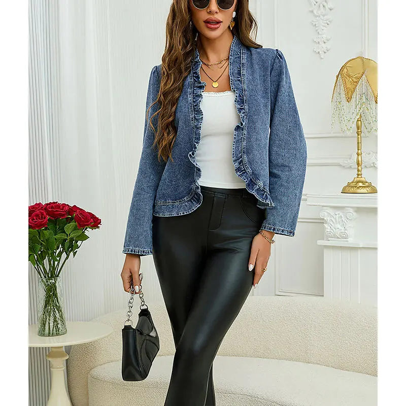 Women's Ruffle-edged Denim Jacket, Buttonless Spring and Autumn Slim-fitting Short Coat Women