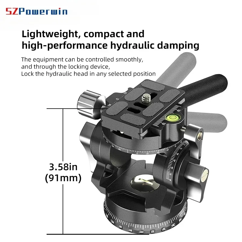 SZPowerwin New Hollow Video Hydraulic Head -80°+90° Double Panoramic Structure CNC Lightweight Compact Fluid Video Tripod Head