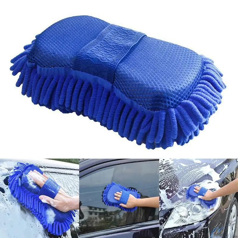 1/2Pcs Blue Microfiber Chenille Car Wash Kit Auto Cleaning Sponge Pad Washing Glove Towel Essential Auto Detailing Accessories