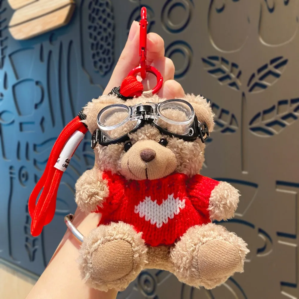 

Lovely Goggles Pilot Bear Keychain Bell Hanging Rope Plush Bear Key Ring Pearl Cartoon Stuffed Animal Pendant Men
