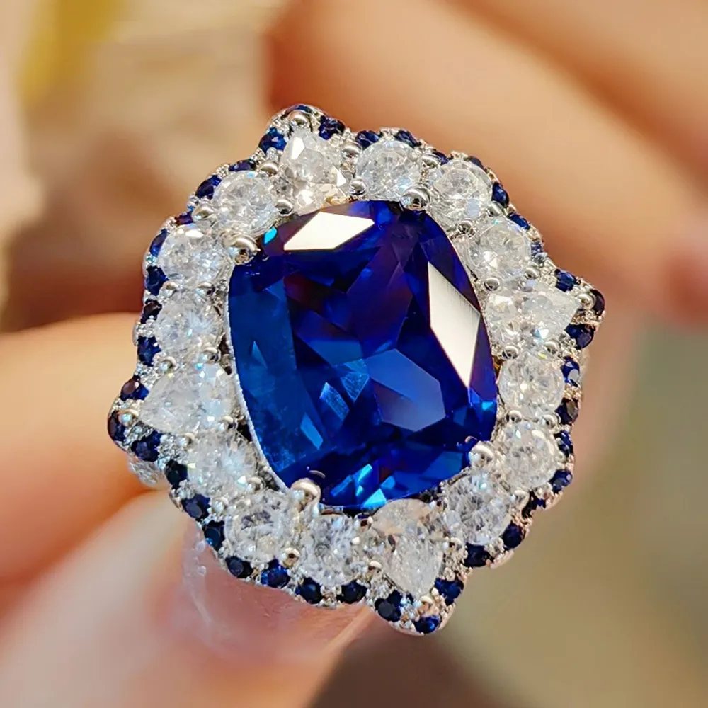 Vintage Blue Sapphire High Carbon Diamond Ring for Women 925 Sterling Silver Luxury Evening Banquet Cocktail Jewelry Set Ladies