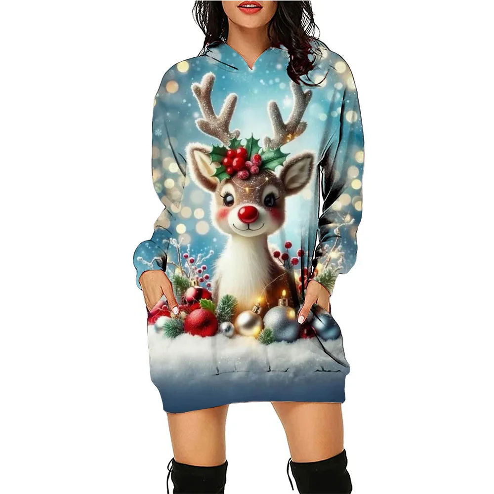 Christmas Cartoon Snowman Print Unisex Hoodie Autumn Fashion Street Women Sweatshirt Casual Loose Ladies Hoodie Dress ﻿